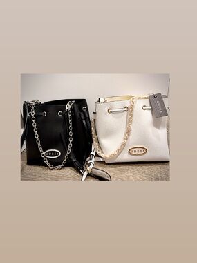 GUESS Black & White Chain-Trim Bucket Shoulder Bags Duo